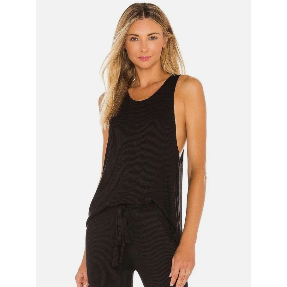 Eberjey Elon Muscle Tank Top Womens L Black Ribbed Sleeveless Relaxed Loungewear